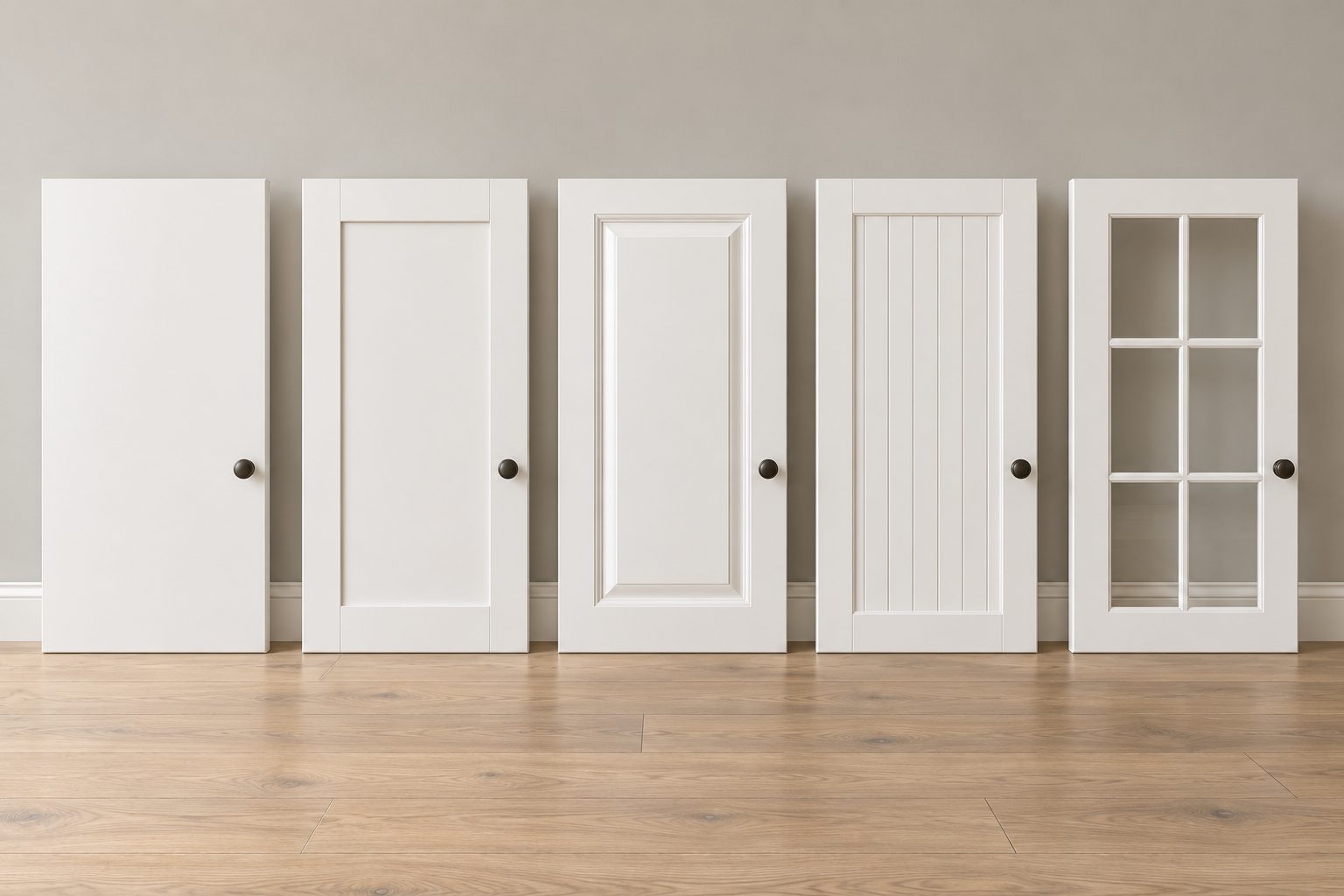 Illustration of five white cabinet doors in a row: slab, Shaker, raised panel, beadboard and a glass door with mullions.