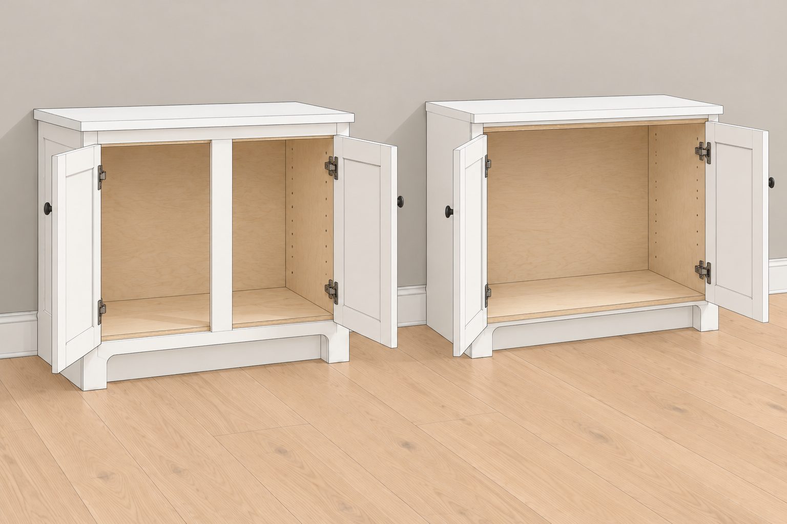 Illustration of two white base cabinets with their doors open. The framed cabinet on the left has a face frame with a center post between the doors; the frameless cabinet on the right has no frame, a clear opening, hinges mounted to the plywood box sides.