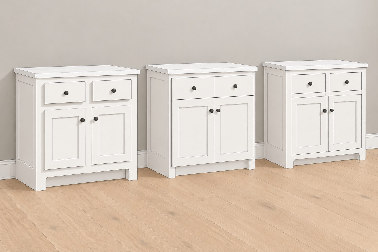 Illustration of three white base cabinets side by side. Left, partial overlay: thick doors and drawers sit in front of the face frame, with frame showing around each one. Middle, full overlay: doors and drawers cover nearly all of the frame. Right, inset: doors and drawers sit flush inside the frame.