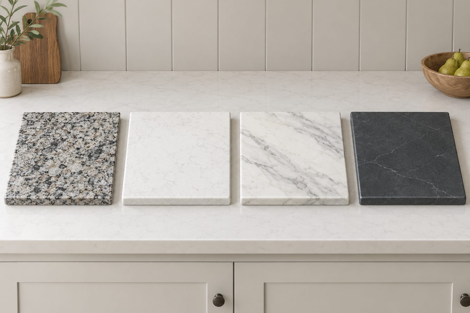 Illustration of four countertop samples on a kitchen counter: speckled granite, white quartz, white quartzite with gray veining, and charcoal soapstone.
