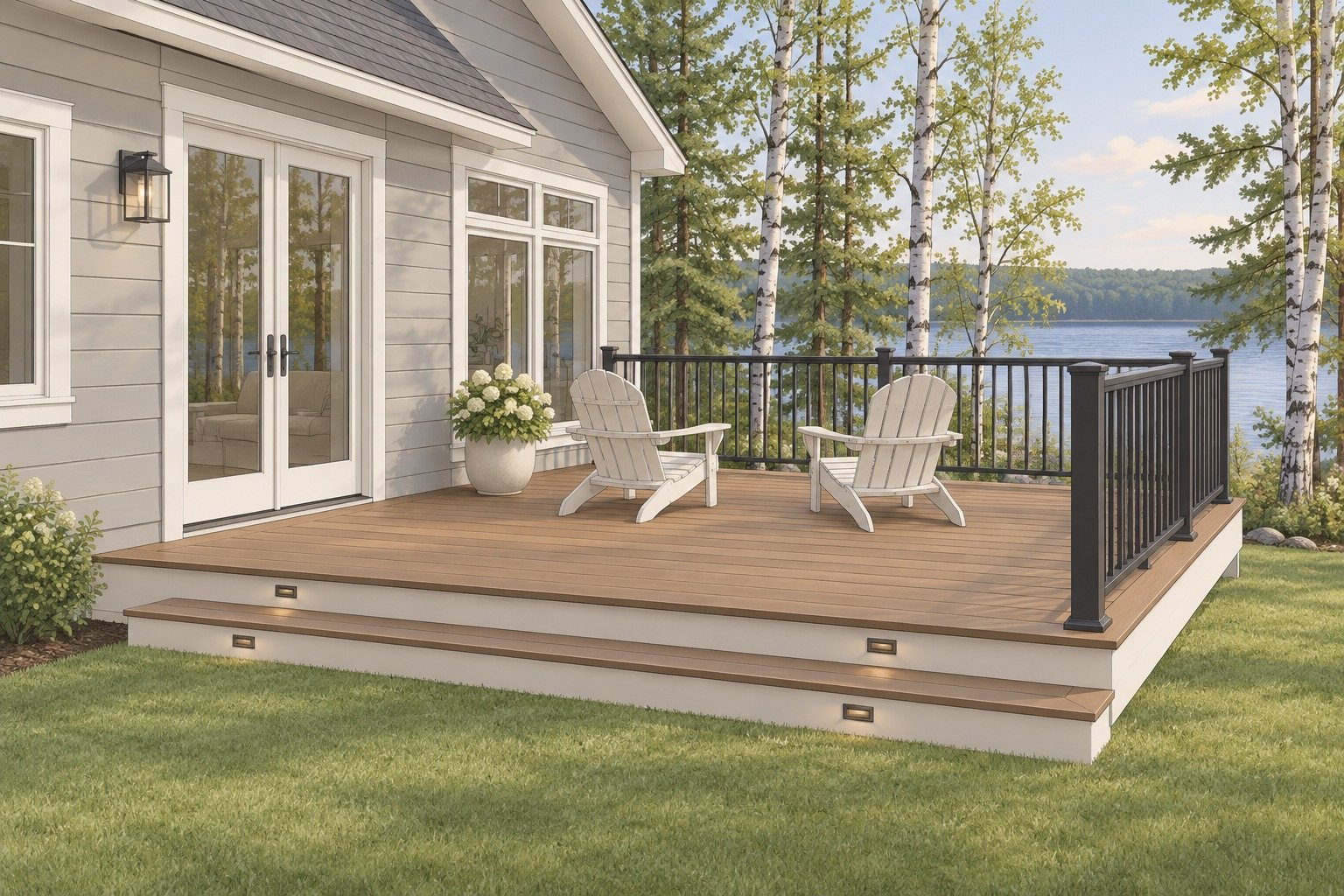 Illustration of a brown composite deck on the back of a gray cottage, one step above the lawn, with a picture-frame border, lighted steps, black aluminum railings and two Adirondack chairs overlooking a lake.