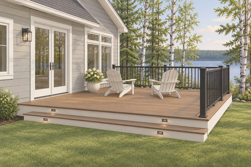 Illustration of a composite deck with black aluminum railings overlooking a lake