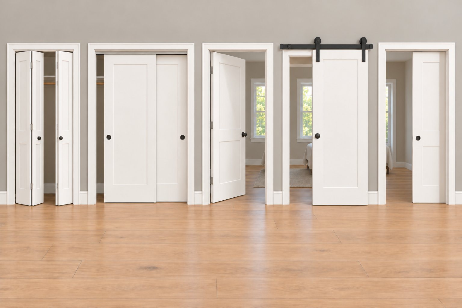 Illustration of five white interior door openings in a gray wall, each opening a different way: a bifold closet door folded partly open, a pair of bypass closet doors overlapping on an overhead track, a hinged swing door, a barn door slid along a black track above the opening, and a pocket door slid partway into the wall.