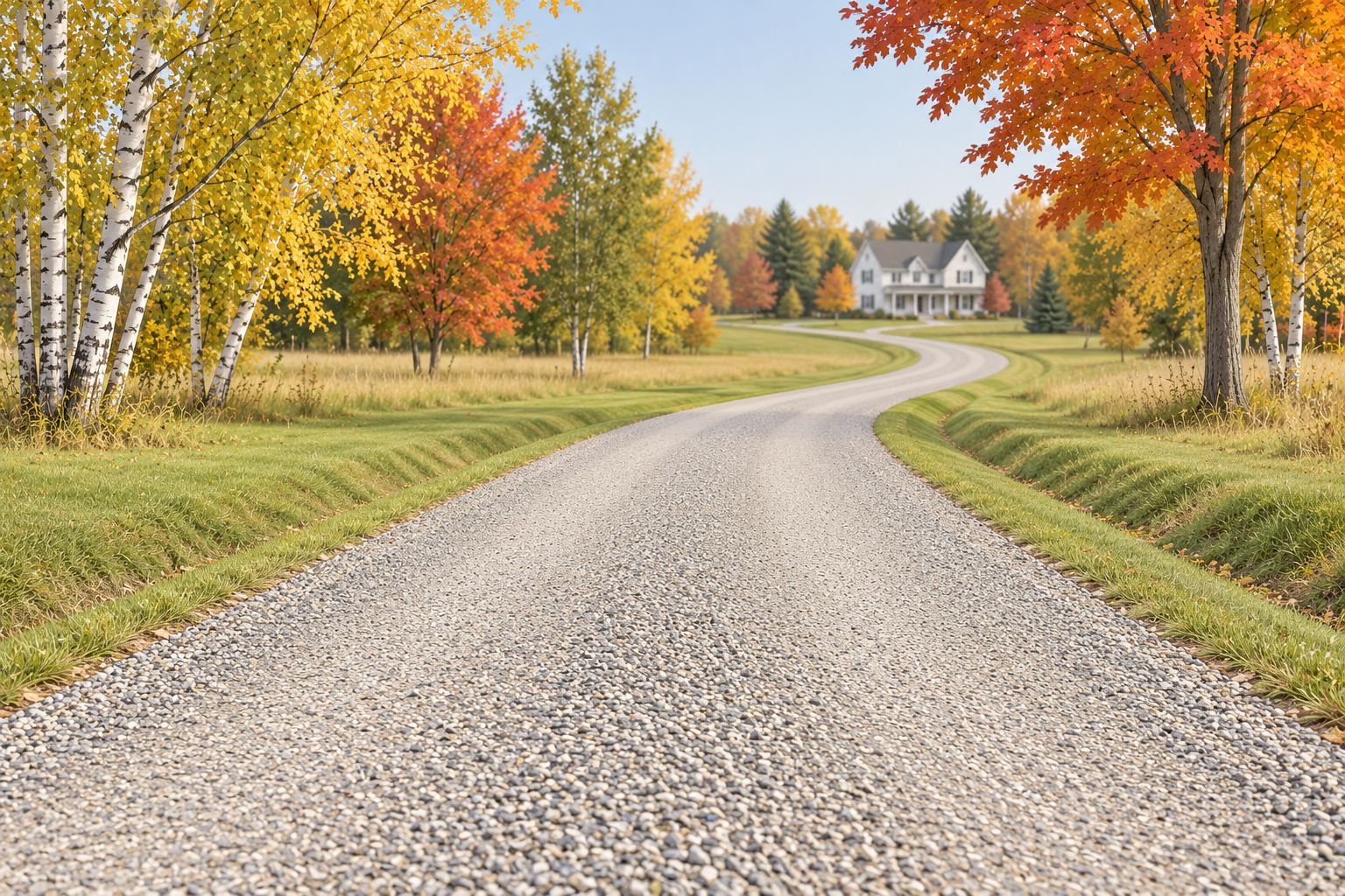 Illustration of a long, freshly graded gravel driveway winding through a field between birch and maple trees in fall color, with grassy ditches on both sides and a white farmhouse soft in the distance.