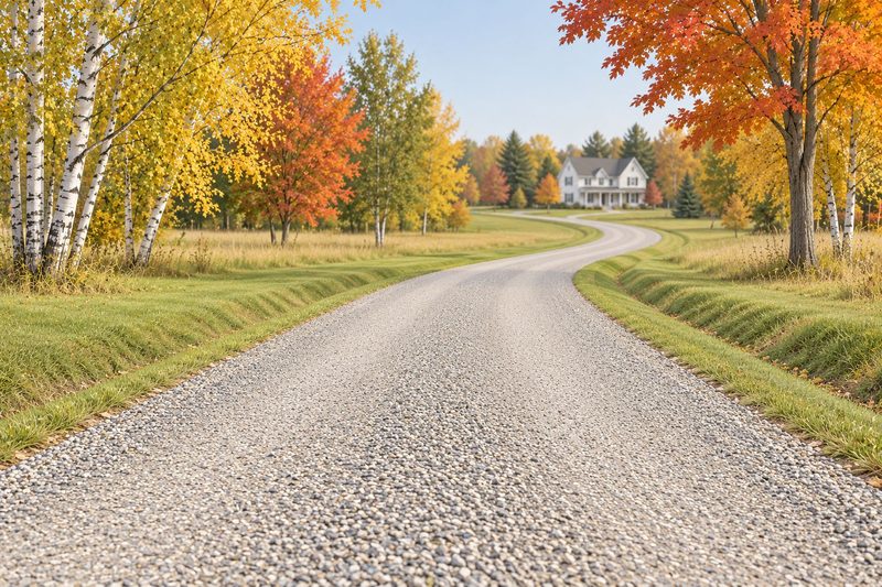 Illustration of a long gravel driveway winding toward a farmhouse in the fall