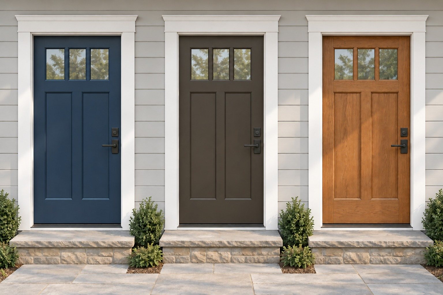 Illustration of three Craftsman-style entry doors in a gray lap-sided wall: a navy painted steel or fiberglass door, a dark bronze aluminum-clad wood door, and a stained solid wood door.