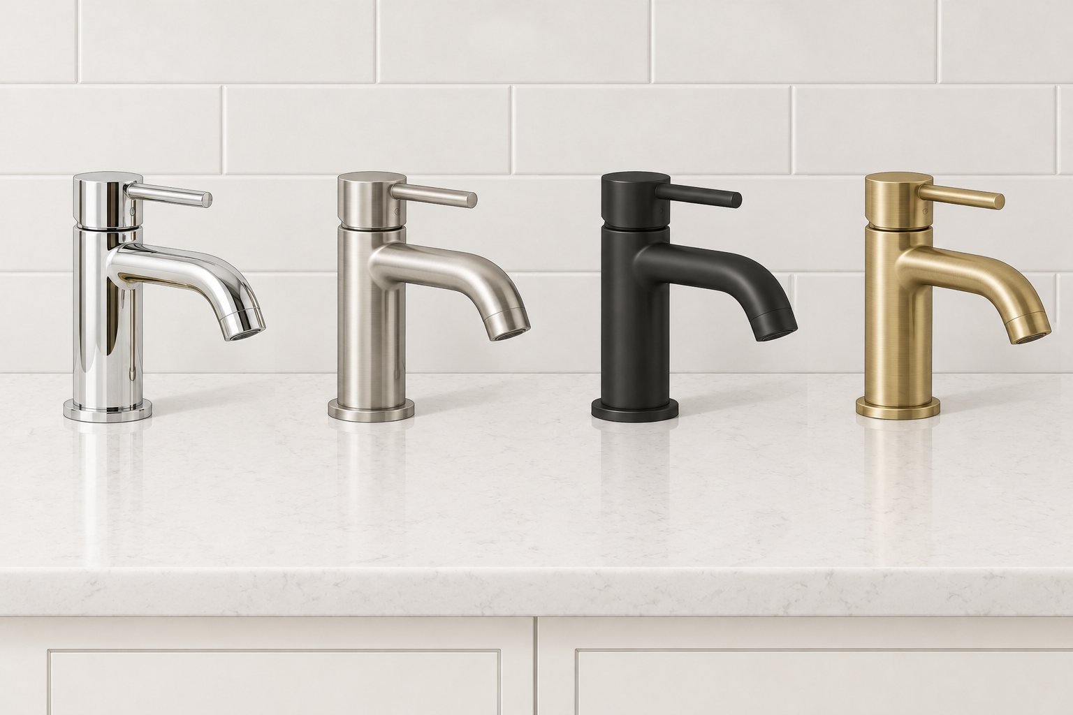 Illustration of four identical bathroom faucets on a white vanity top in different finishes: polished chrome, satin nickel, matte black and brushed brass.
