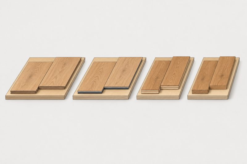 Illustration of four flooring samples with their layers showing