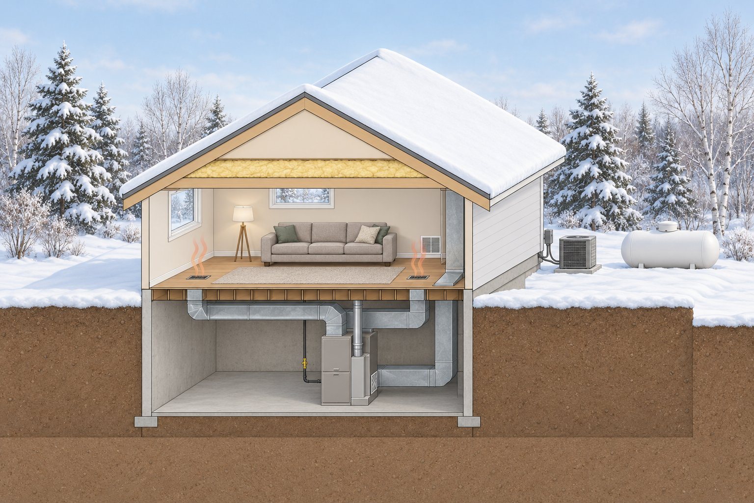 Cutaway illustration of a one-story house over a full basement in winter. A propane furnace in the basement sends warm air through metal ducts to floor registers in the living room, a return air grille brings air back, and outside sit a propane tank and a central air conditioner.