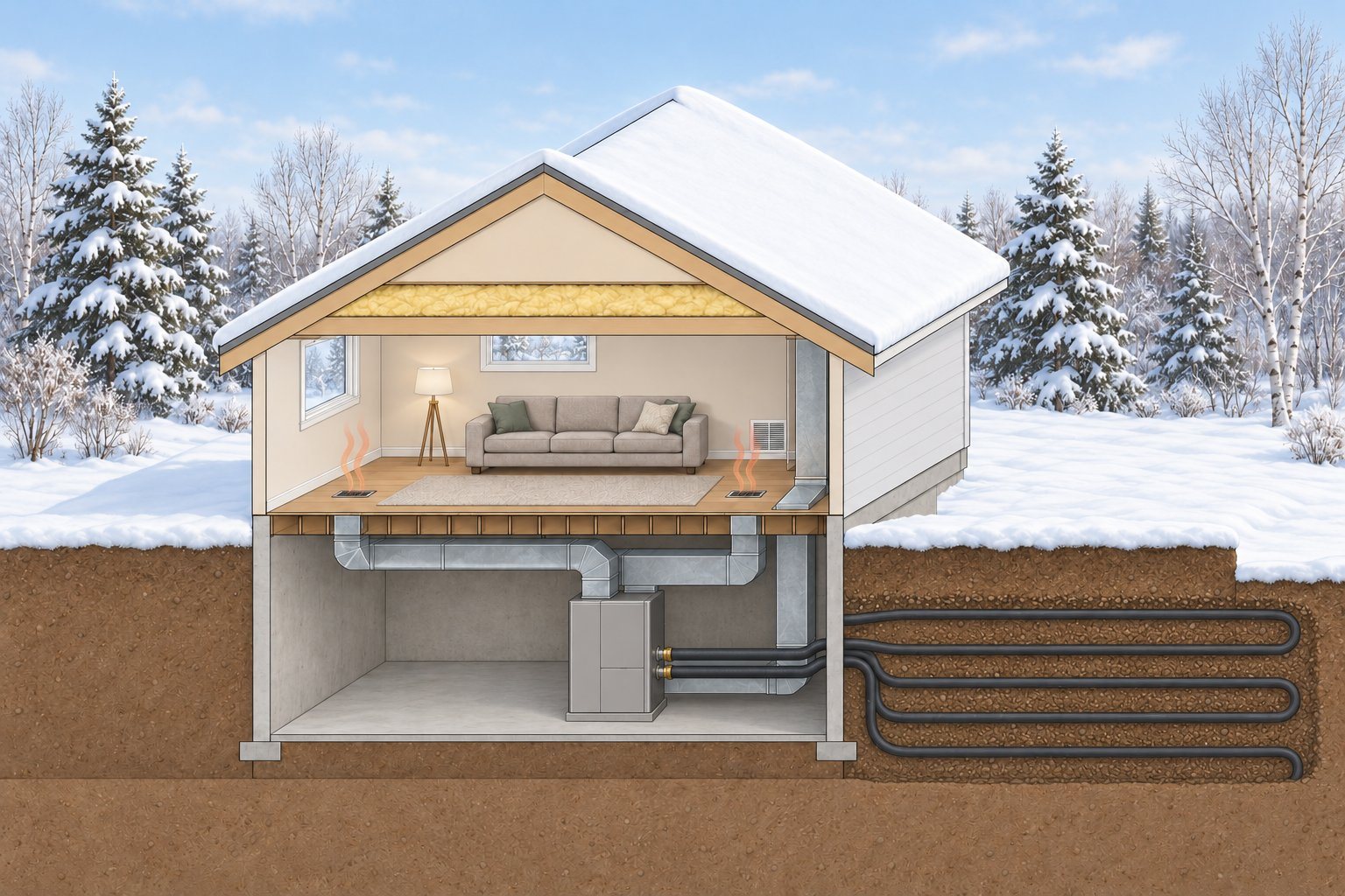 The same house cutaway with geothermal heating: a heat pump cabinet in the basement connected to the ductwork, with two pipes running out through the foundation to long loops of black pipe buried in the ground beside the house. Nothing stands outside above the snow.