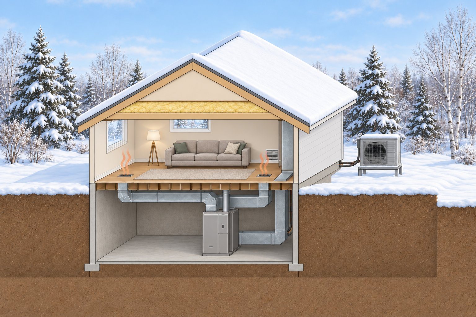 The same house cutaway with a ducted heat pump: an outdoor heat pump on a stand above the snow, refrigerant lines through the foundation to an indoor air handler in the basement, and the same ductwork feeding floor registers.