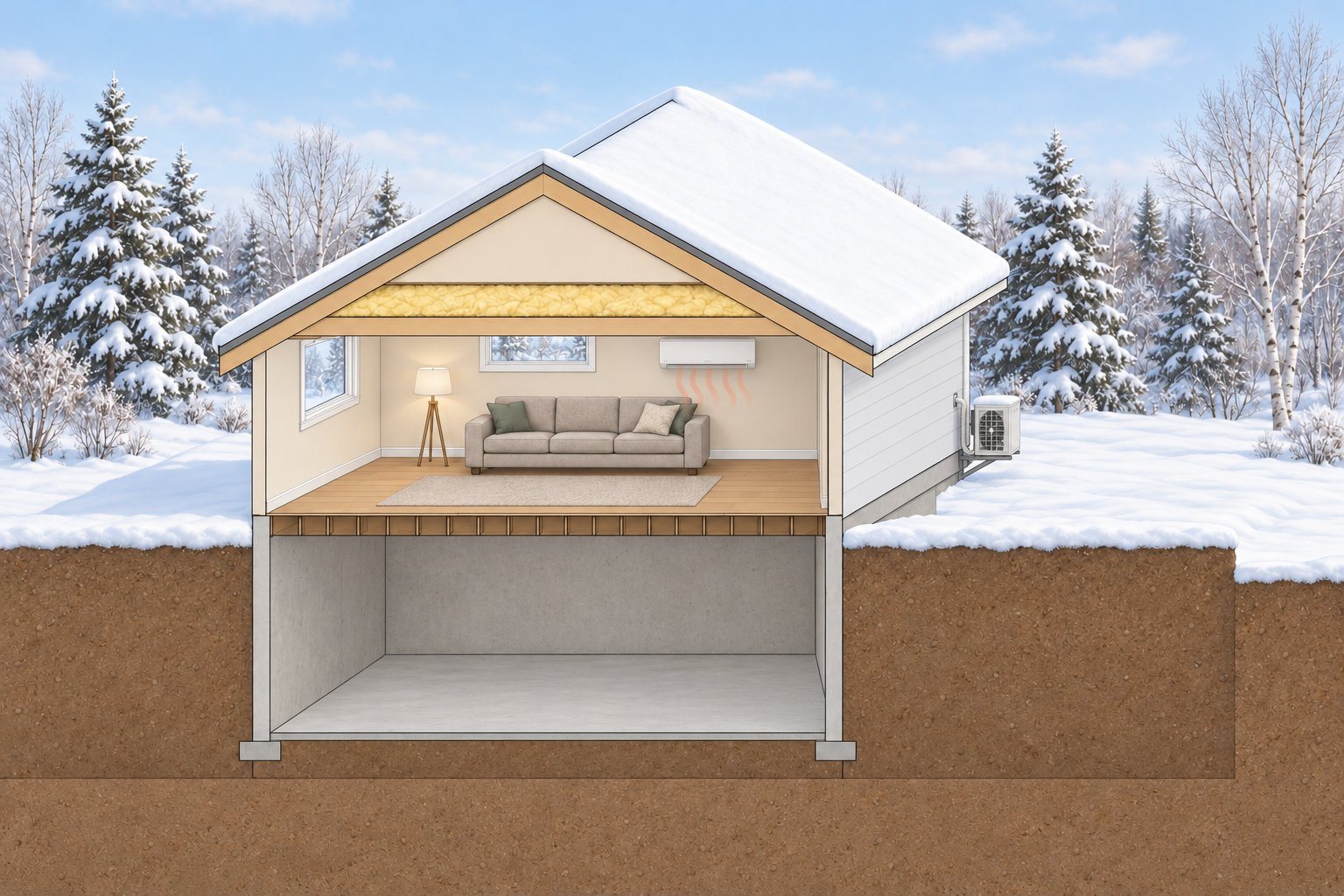 The same house cutaway with no ducts: a slim white ductless mini-split unit high on the living room wall blowing warm air into the room, connected through the wall to a small outdoor unit on a bracket, and an empty basement.