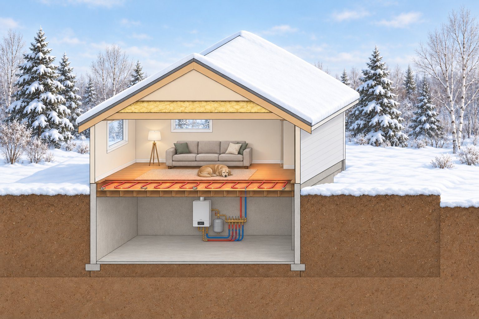 The same house cutaway with radiant floor heat: red tubing looped under the living room floor, which glows warm, a dog asleep on the rug, and a wall-hung boiler with an expansion tank and a manifold of red and blue lines in the basement. No ducts or vents.