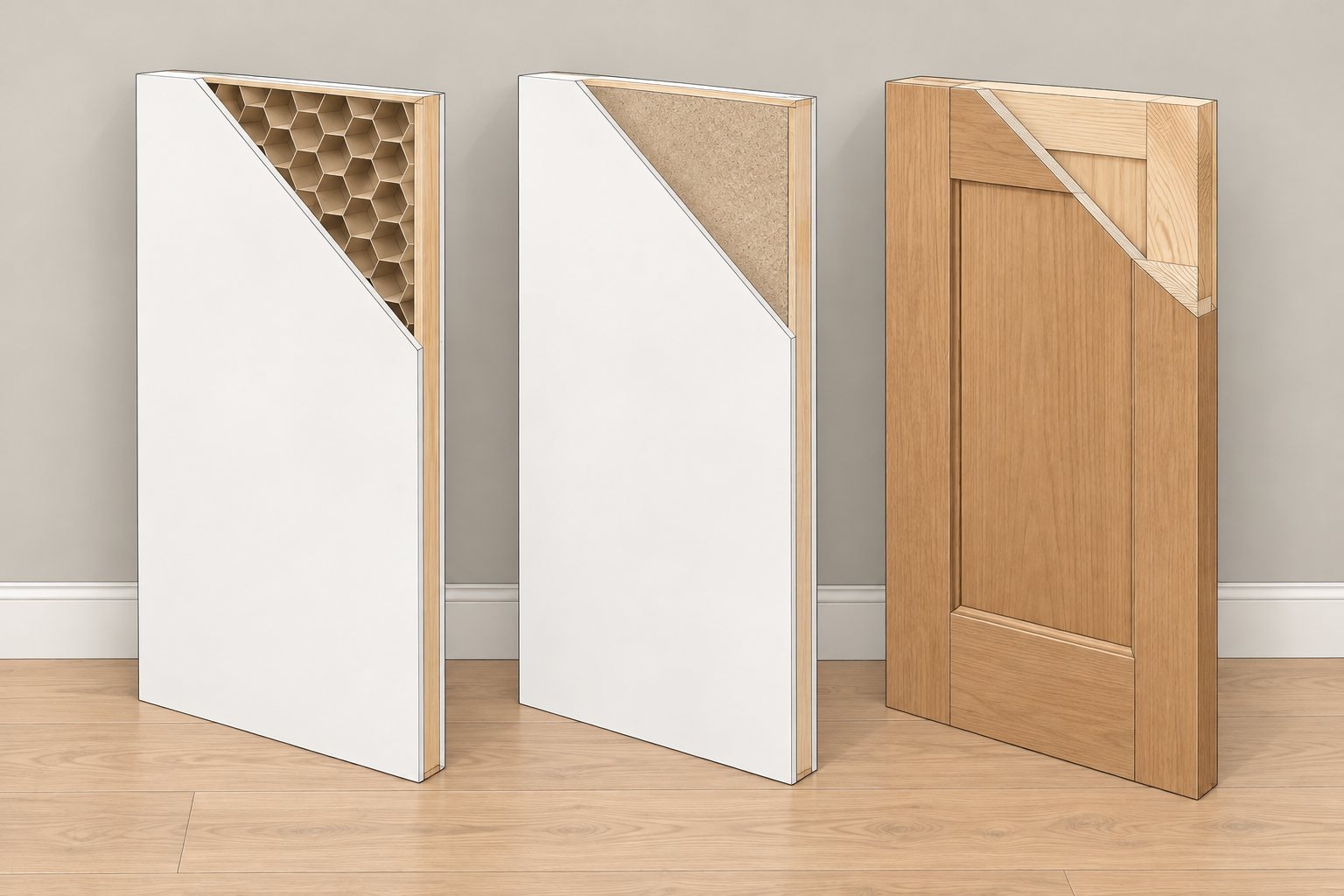 Illustration of three interior doors with a corner cut away: a white hollow-core door showing a cardboard honeycomb inside, a white solid-core door showing a dense composite core, and a solid wood door with stiles, rails and a panel.