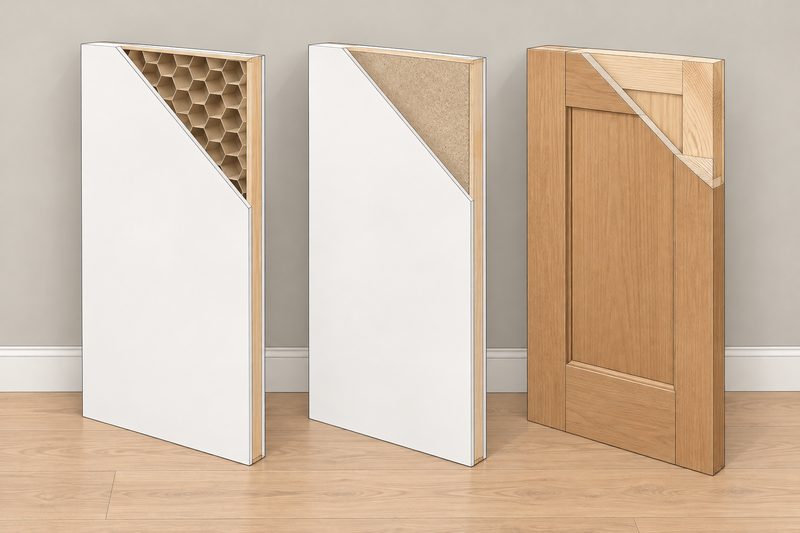 Illustration of hollow-core, solid-core and solid wood doors cut open