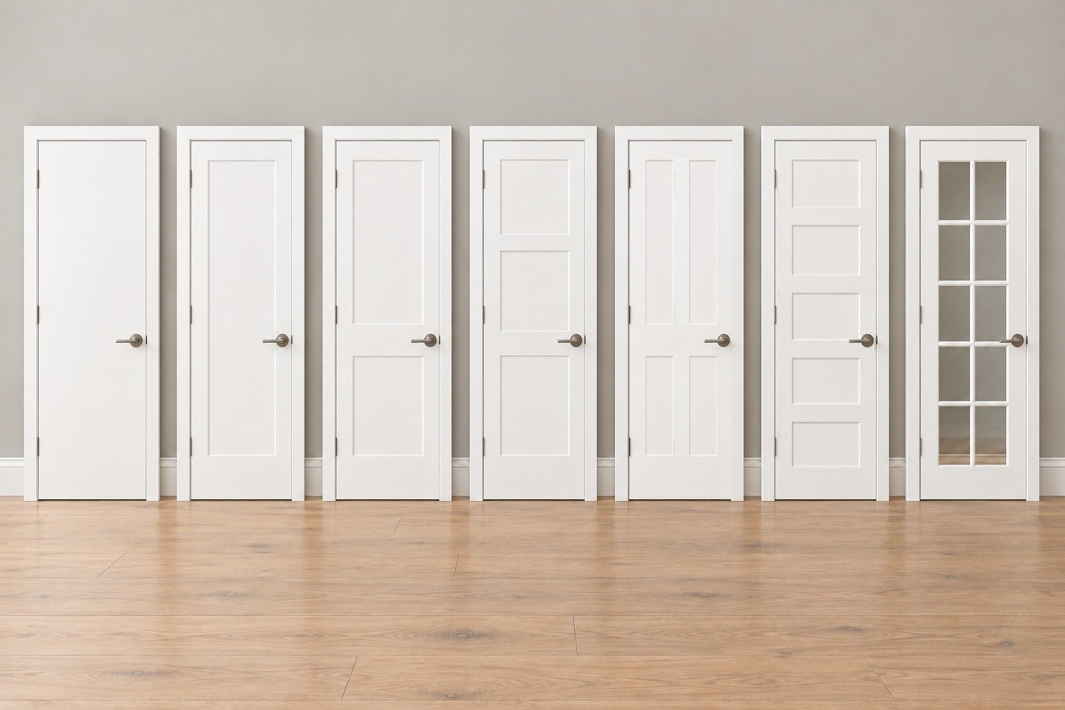 Illustration of seven white interior doors side by side: a flat slab, a one-panel, a two-panel, a three-panel door with equal stacked panels, a four-panel door with two panels over two, a five-panel, and a French door with glass lites.