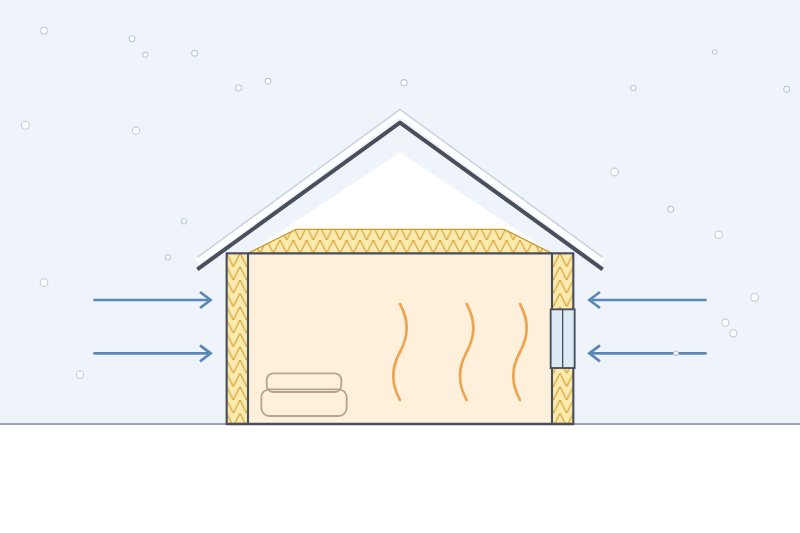 Illustration of a snowy house at dusk with warm light in the windows