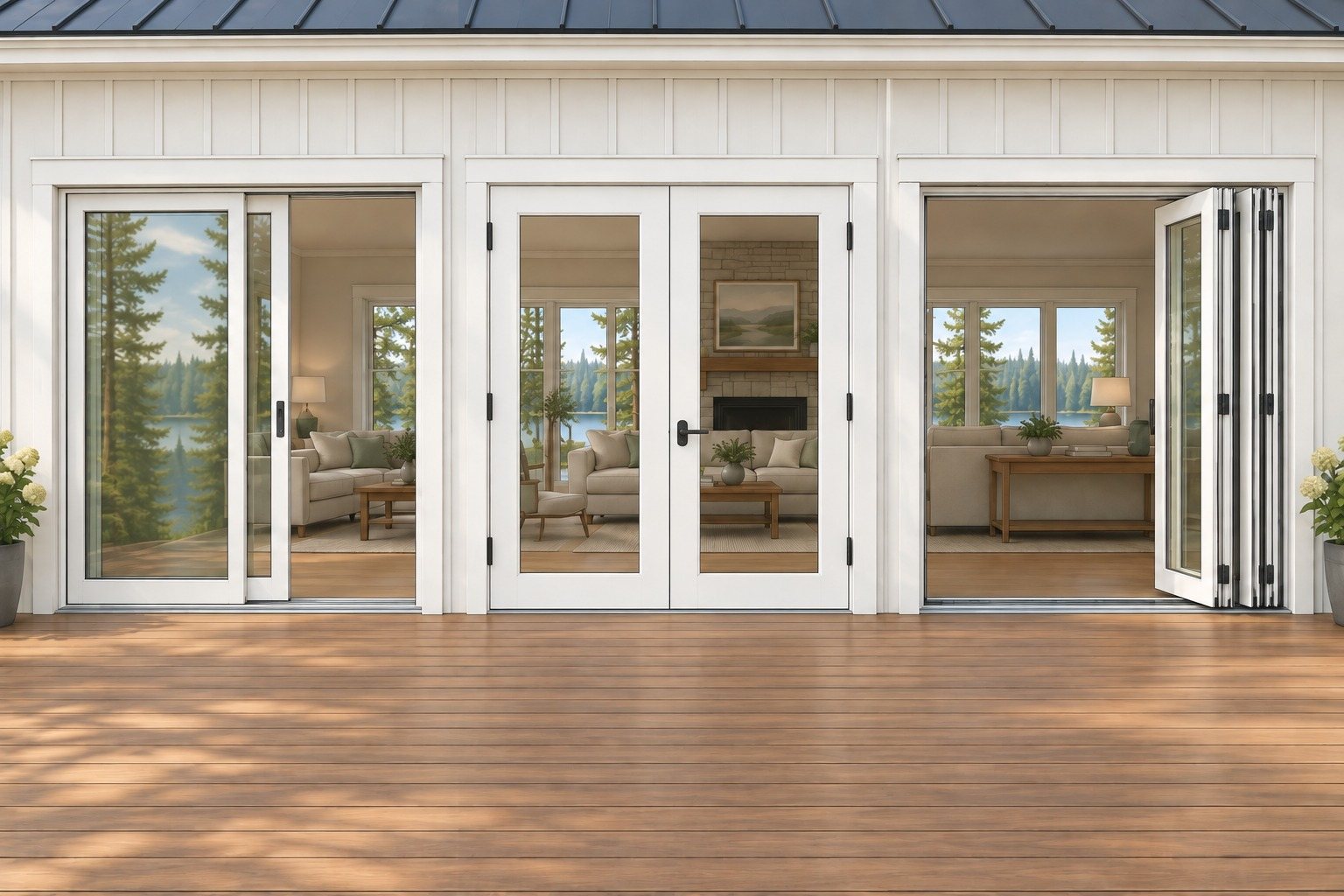 Illustration of three white patio doors in a board-and-batten wall: a two-panel sliding door with one panel open, a closed pair of hinged French doors with hinges on the outer edges, and a folding door with its panels stacked to one side.