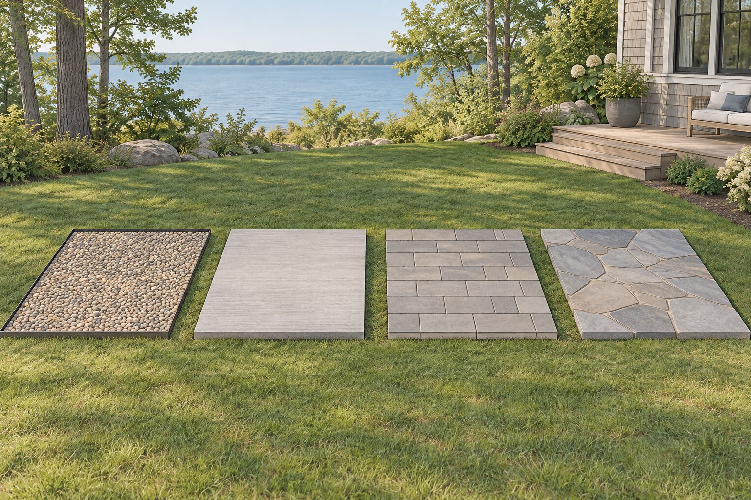 Illustration of four patio samples on a lawn by a lake: pea stone inside steel edging, a broom-finished concrete slab, rectangular concrete pavers and fitted natural flagstone.