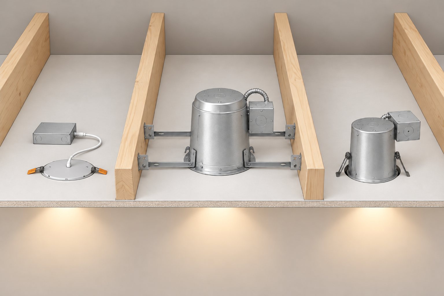 Cutaway illustration of a ceiling seen from the attic side with three recessed lights between the joists: a canless wafer light sitting in its hole with spring clips and a separate driver box, a new-construction can held by hanger bars nailed to the joists, and a remodel can held only by clips that grip the drywall. Each glows in the room below.