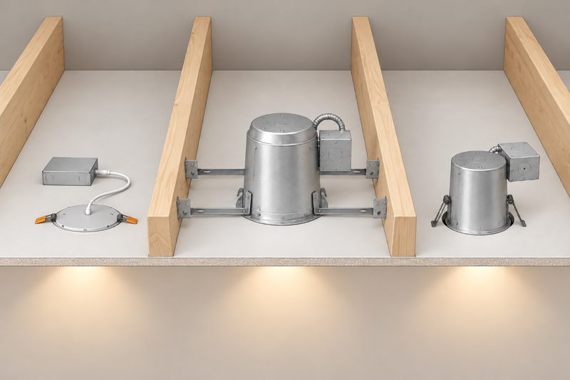 Cutaway illustration of three kinds of recessed lights in a ceiling