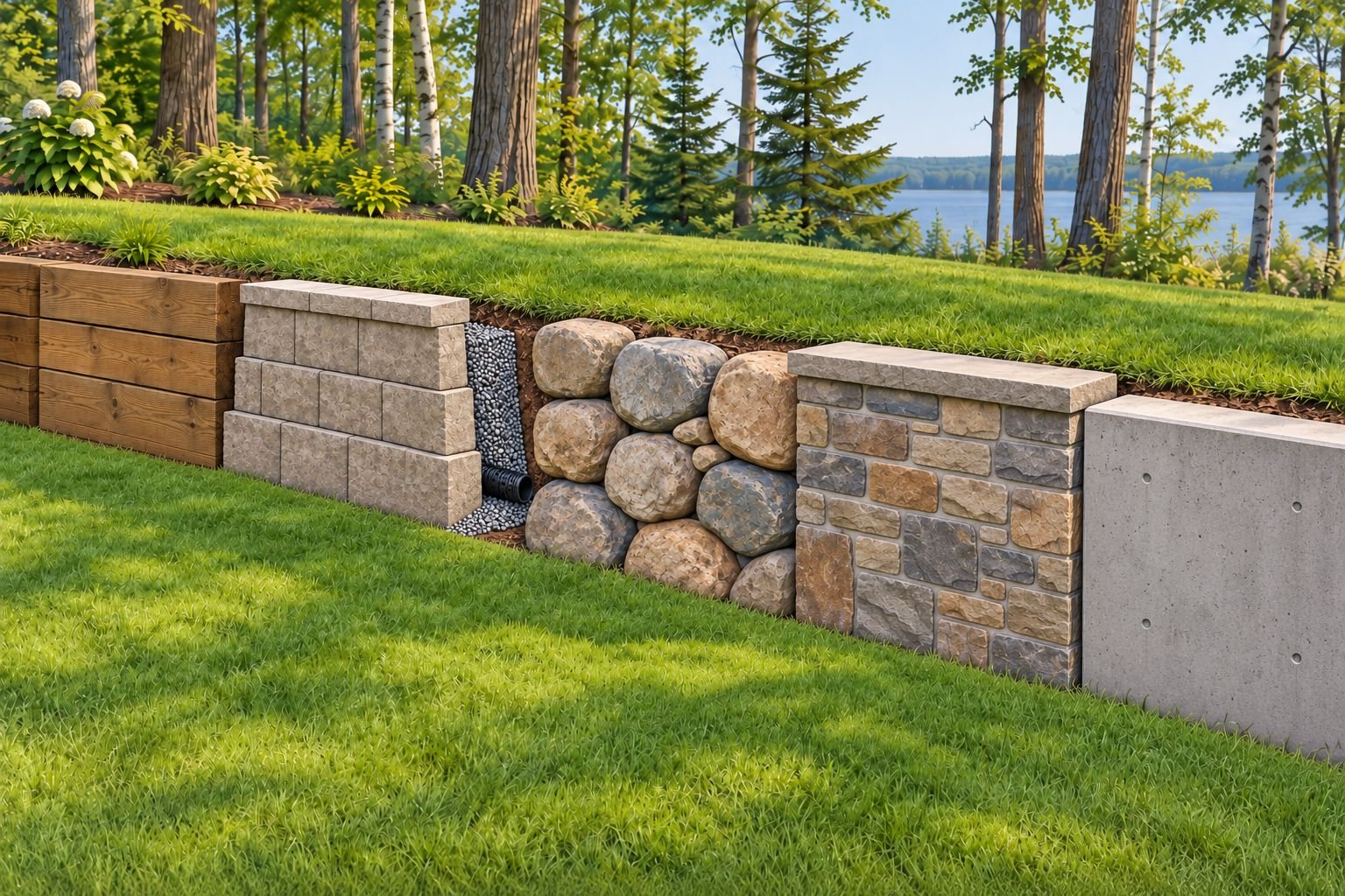 Illustration of five short retaining walls along the same sloped lawn: stacked timbers, interlocking concrete block with a cutaway showing drainage gravel and a perforated drain pipe behind it, natural boulders, a mortared block wall faced with stone and capped, and a smooth poured concrete wall.