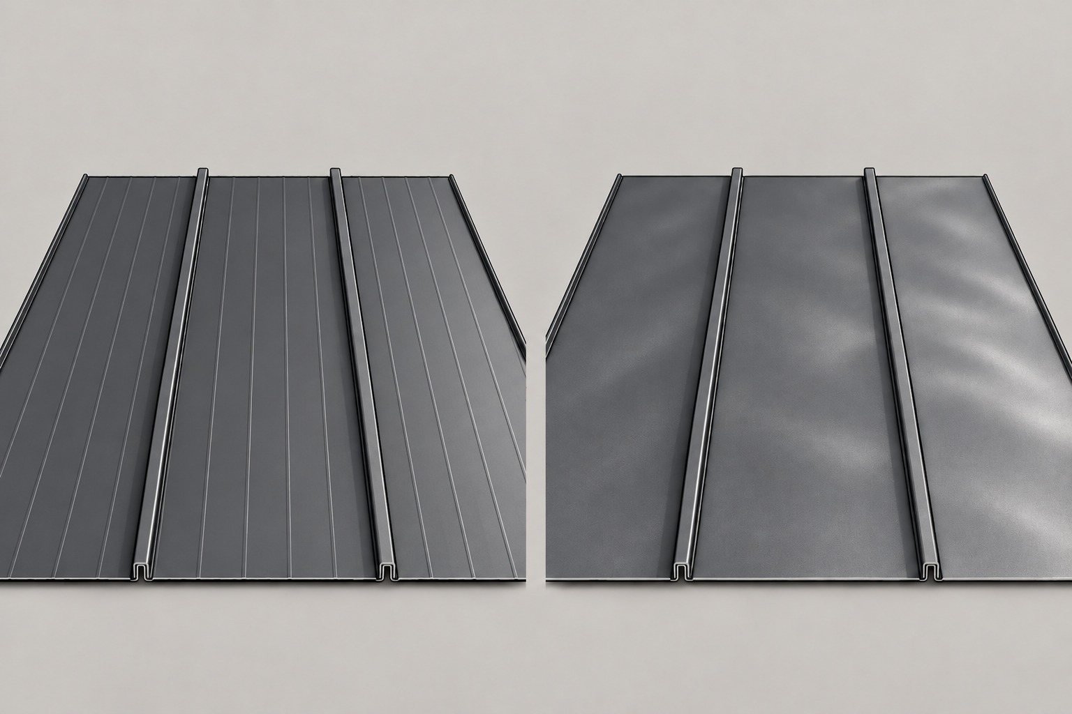 Illustration of two sections of charcoal standing seam metal roofing, each panel a single thin sheet joined to the next by a narrow raised seam. The left panels have a few faint striations pressed along their length; the right panels are flat and show soft, wavy reflections called oil canning.