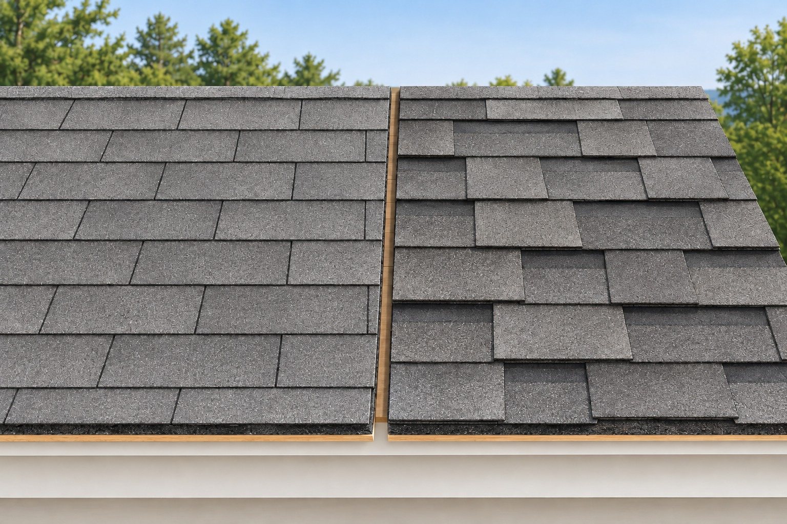 Illustration of two sections of gray asphalt shingle roof side by side: flat three-tab shingles in an even, repeating pattern, and layered architectural shingles with random-width tabs and dark shadow lines.
