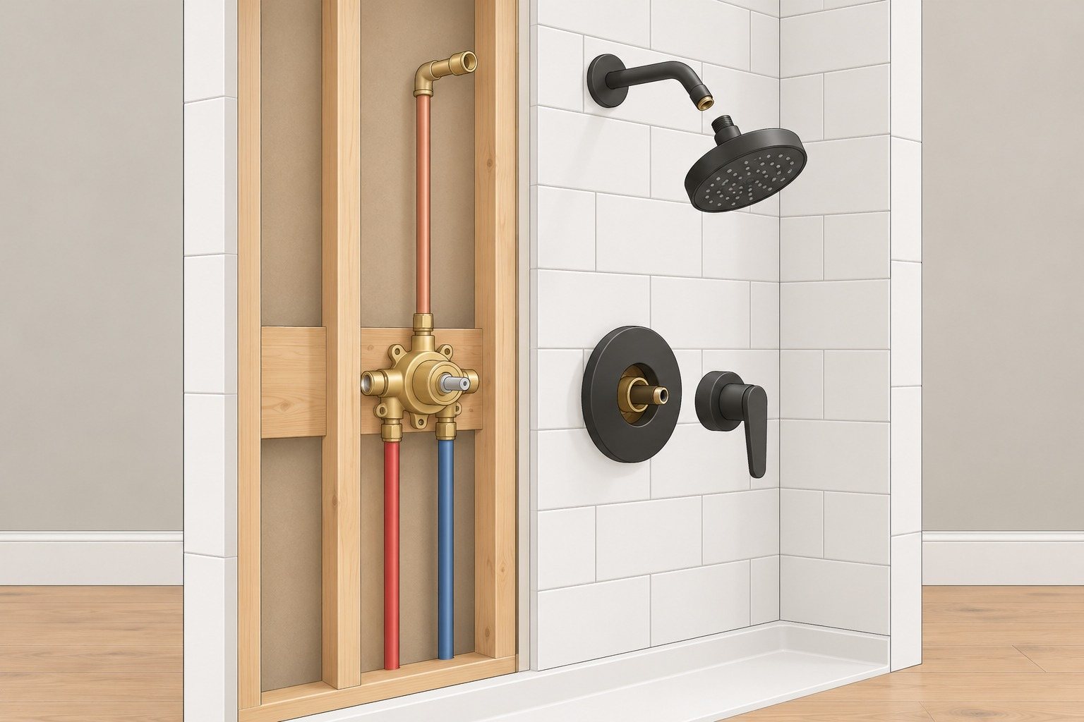 Cutaway illustration of a shower wall. On the left, the wall is opened to show a brass shower valve mounted on a wood block between the studs, with red and blue supply lines coming up to it and a pipe running up to the shower arm. On the right, the finished tile wall with the matte black trim pieces pulled slightly forward: a shower arm and showerhead, a round trim plate and a lever handle.