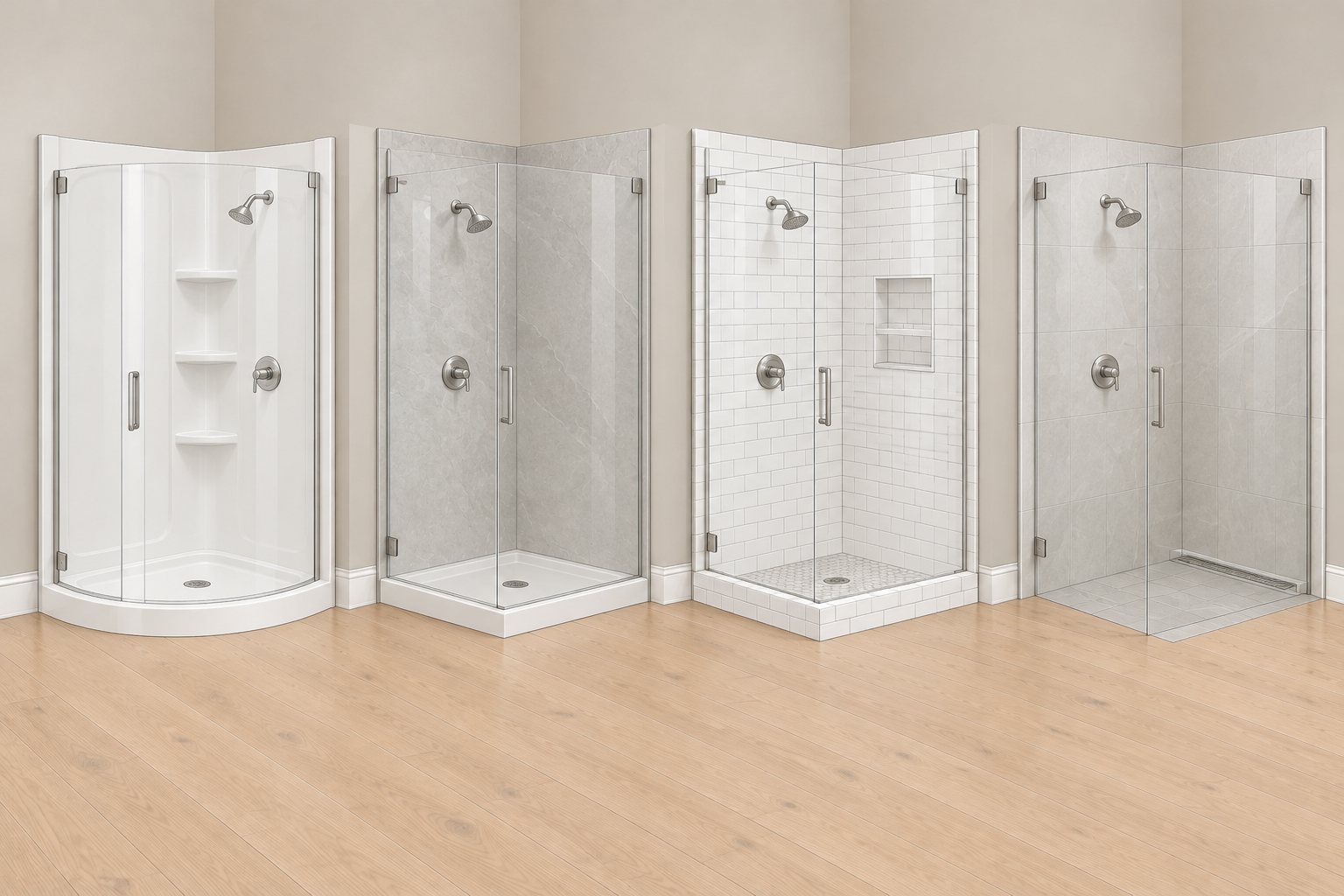 Illustration of four corner showers side by side: a white one-piece acrylic shower with molded shelves, a shower with smooth gray stone-look panels on a low base, a white subway tile shower with a recessed niche and a tiled curb, and a curbless shower with a linear drain along the back wall.