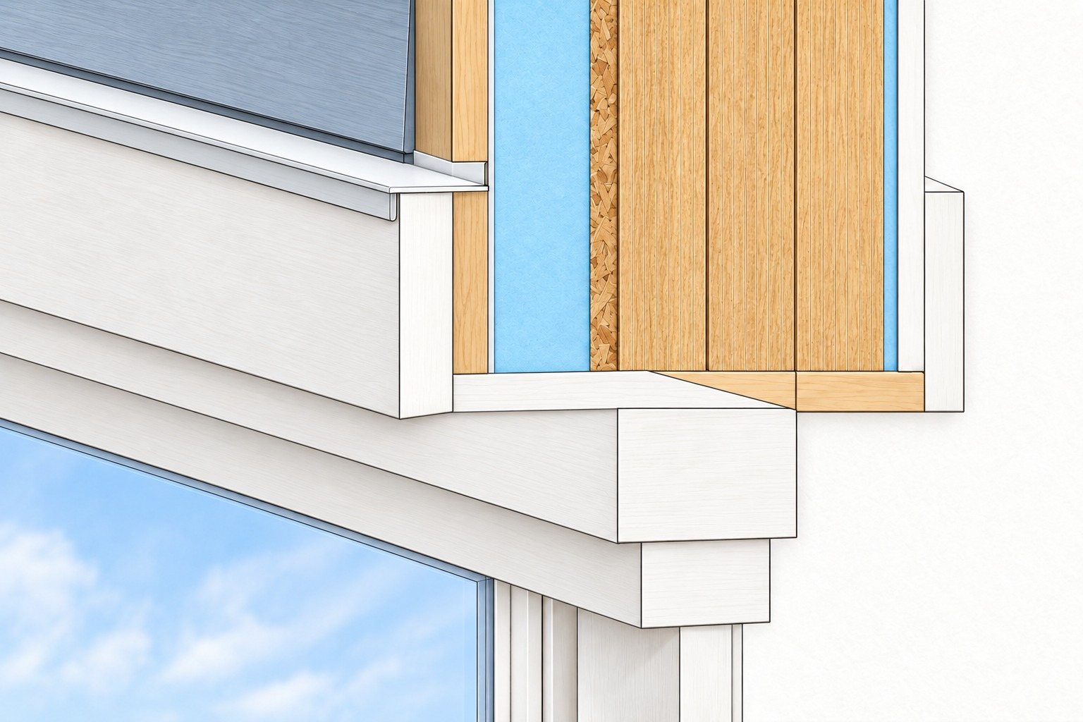 Cutaway illustration of a wall at the top of a window set back at the sheathing, with a dashed line marking the plane the window is installed on. Labeled: siding, head flashing, exterior casing, sheathing, a white exterior trim return lining the deep opening, the window, and a short interior extension jamb.