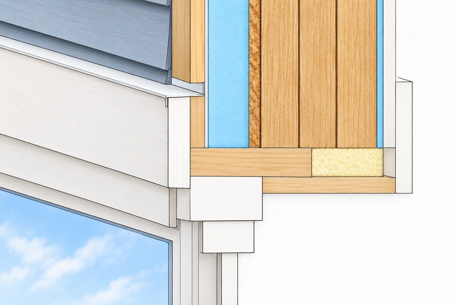 Cutaway illustration of the same wall with the window mounted forward on a window buck, with a dashed line marking the plane the window is installed on, just behind the siding. Labeled: siding, head flashing, exterior casing, sheathing, window buck, the window, a deep interior extension jamb and spray foam.