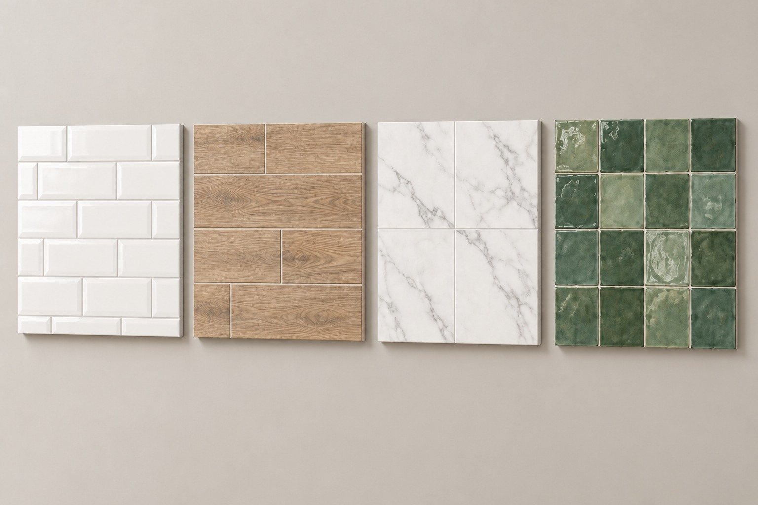 Illustration of four tile samples on a light wall: glossy white ceramic subway tile, wood-look porcelain planks, polished white marble with gray veining, and handmade green zellige tile with uneven glossy faces.