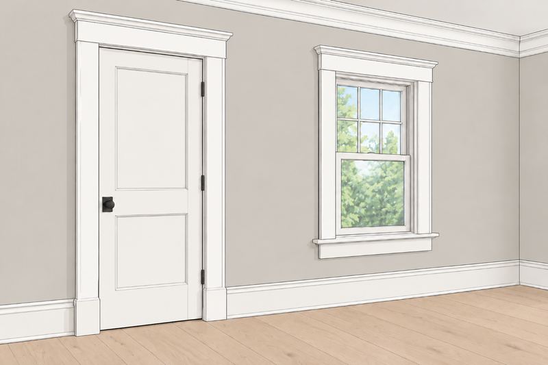 Illustration of a door and window with painted trim