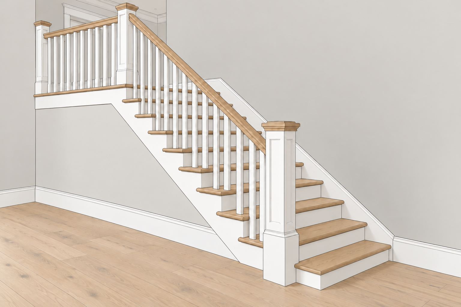 Illustration of an open staircase with labeled parts: newel posts at the bottom and at the landing, balusters, a stained handrail, stained treads, painted risers and a skirt board along the wall. Together the posts, balusters and handrail make up the balustrade.