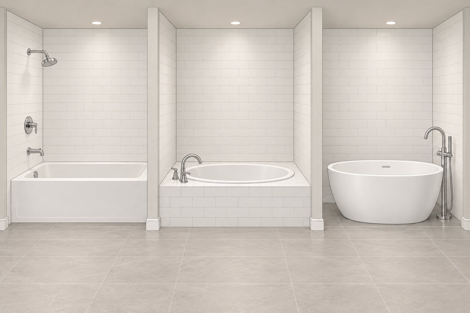 Illustration of three bathtubs in tiled bays: a white alcove tub between three walls with a shower above, a white oval tub dropped into a tiled deck, and a freestanding oval soaking tub with a floor-mounted filler.