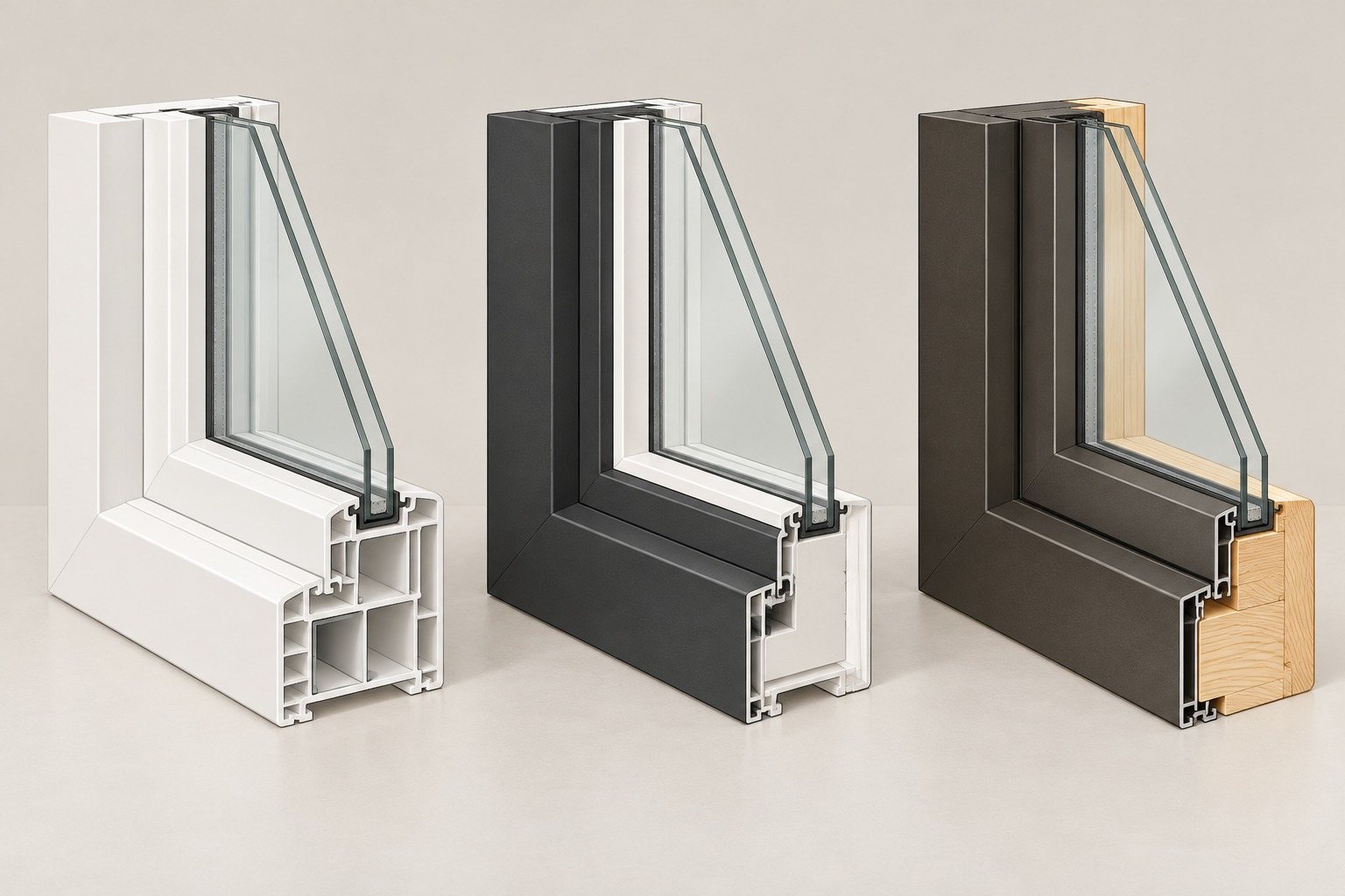 Illustration of three window frame corners cut to show their profiles, each with double-pane glass: a white vinyl frame with hollow internal chambers, a slimmer, foam-filled fiberglass frame painted black outside and white inside, and a wood-clad frame with aluminum cladding covering the whole outside up to the glass and pine wood only on the inside.