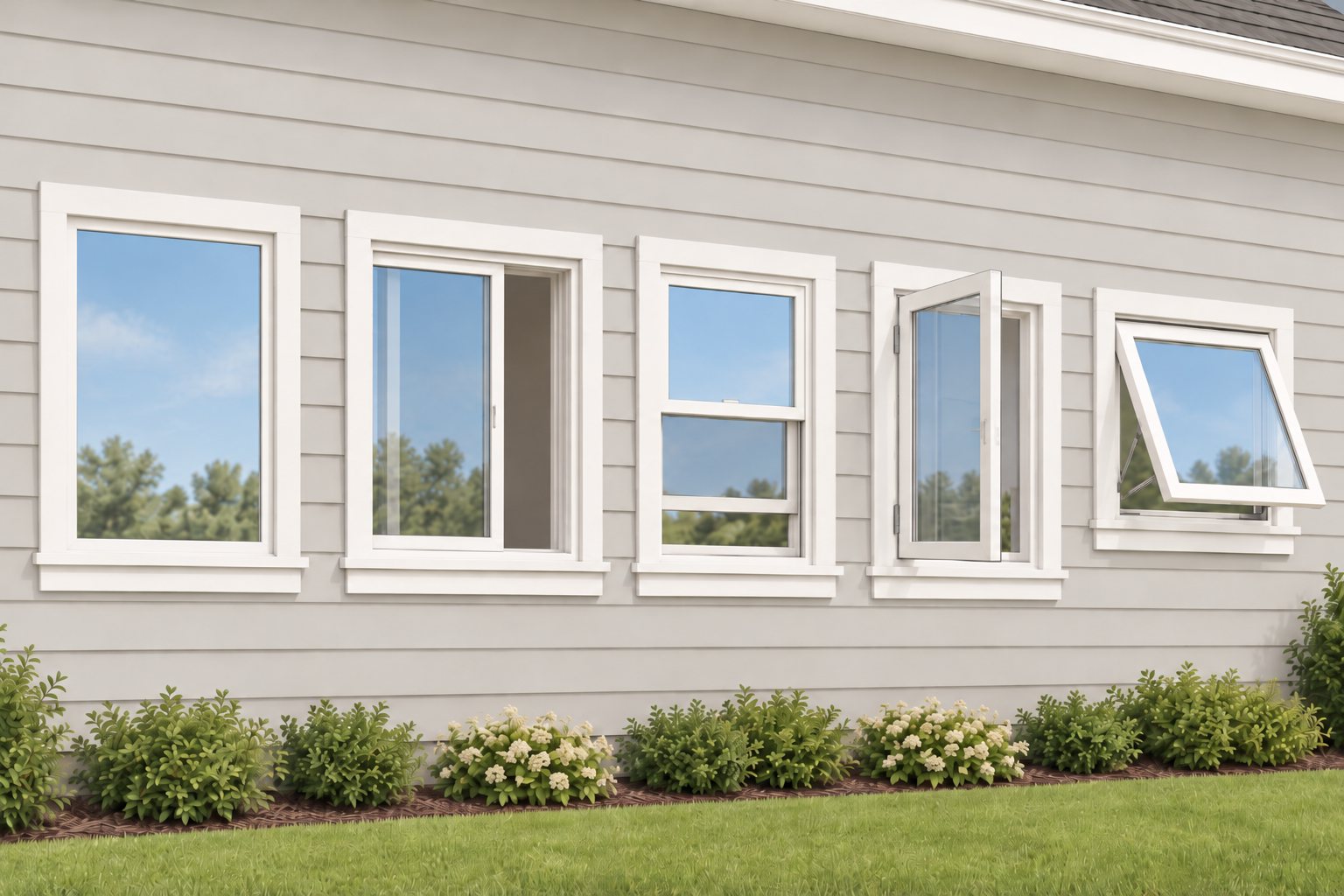 Illustration of five white windows in a gray lap-sided wall, each opening a different way: a fixed picture window, a slider with one sash slid open, a double-hung with the lower sash raised, a casement cranked open on a side hinge, and an awning window tilted out from a top hinge.